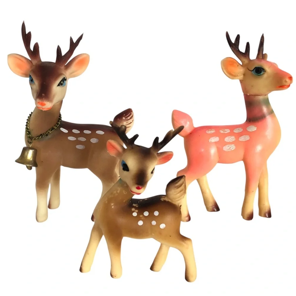 VINTAGE 60s Lot of 3 Rubber Christmas Deer Reindeer Japan MCM Holiday *Flawed*